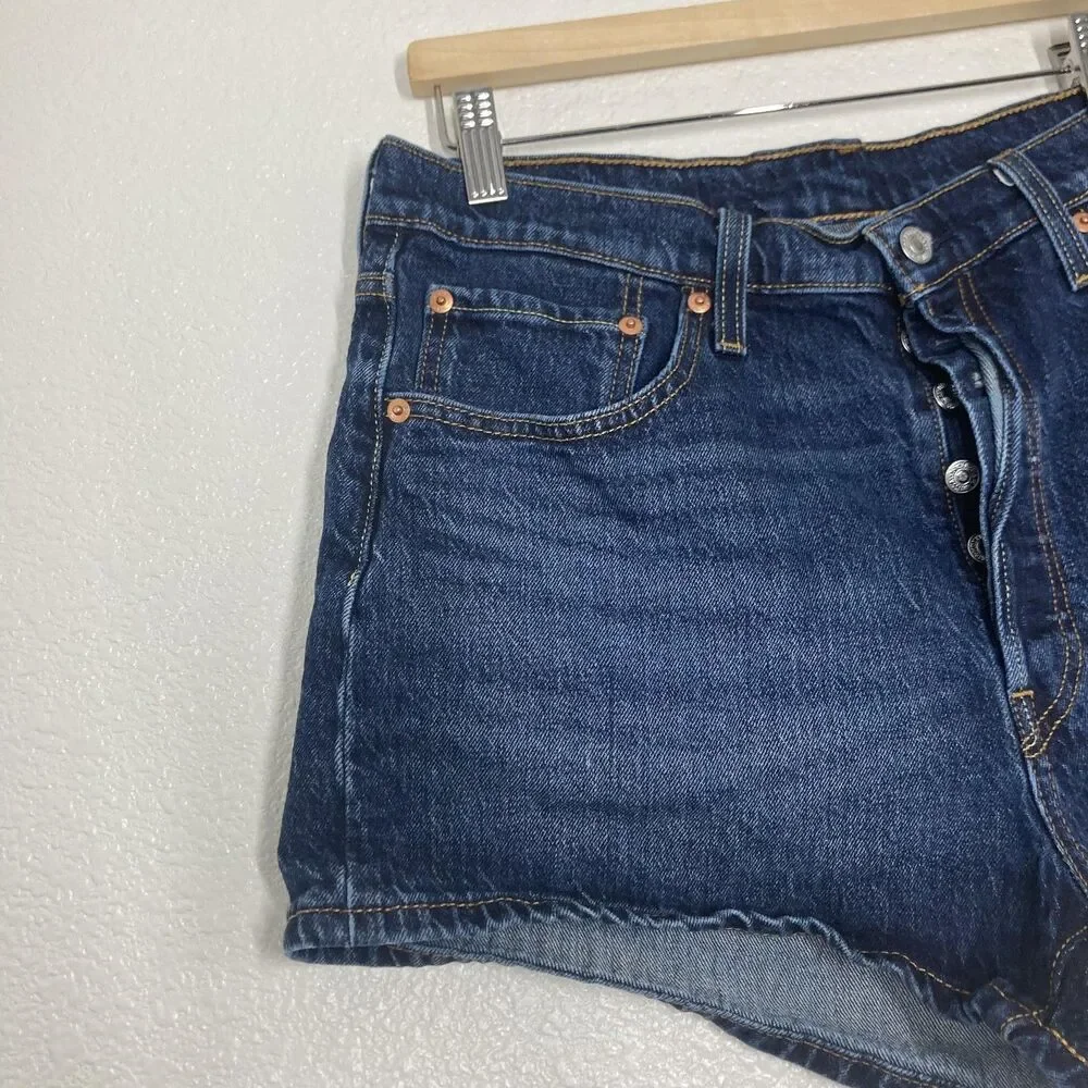 Levis 501 Shorts womens 33 Blue Denim Jean Button Fly Stretch Bermuda Casual